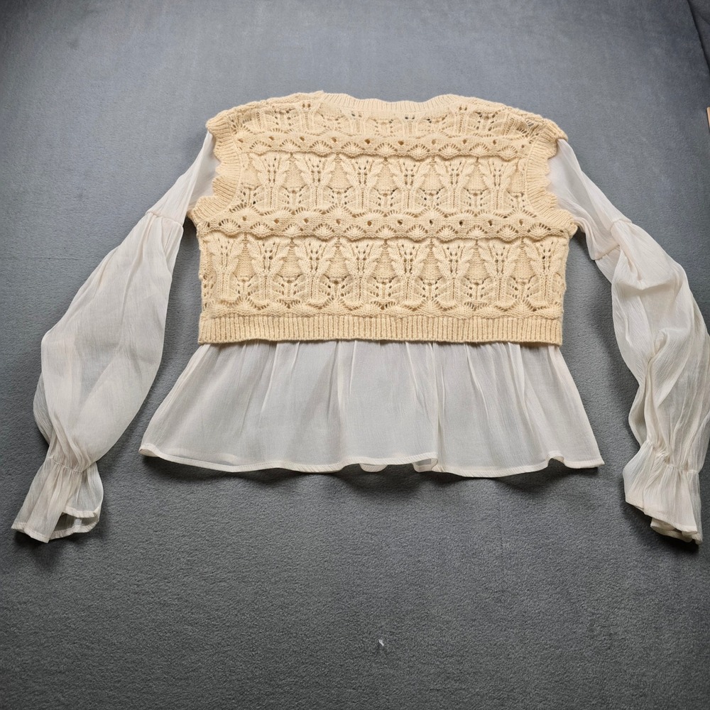 Cloud Ten Womens Mixed Media Knit Sweater Top Cream White CSW11746A Small NWT - Picture 8 of 8